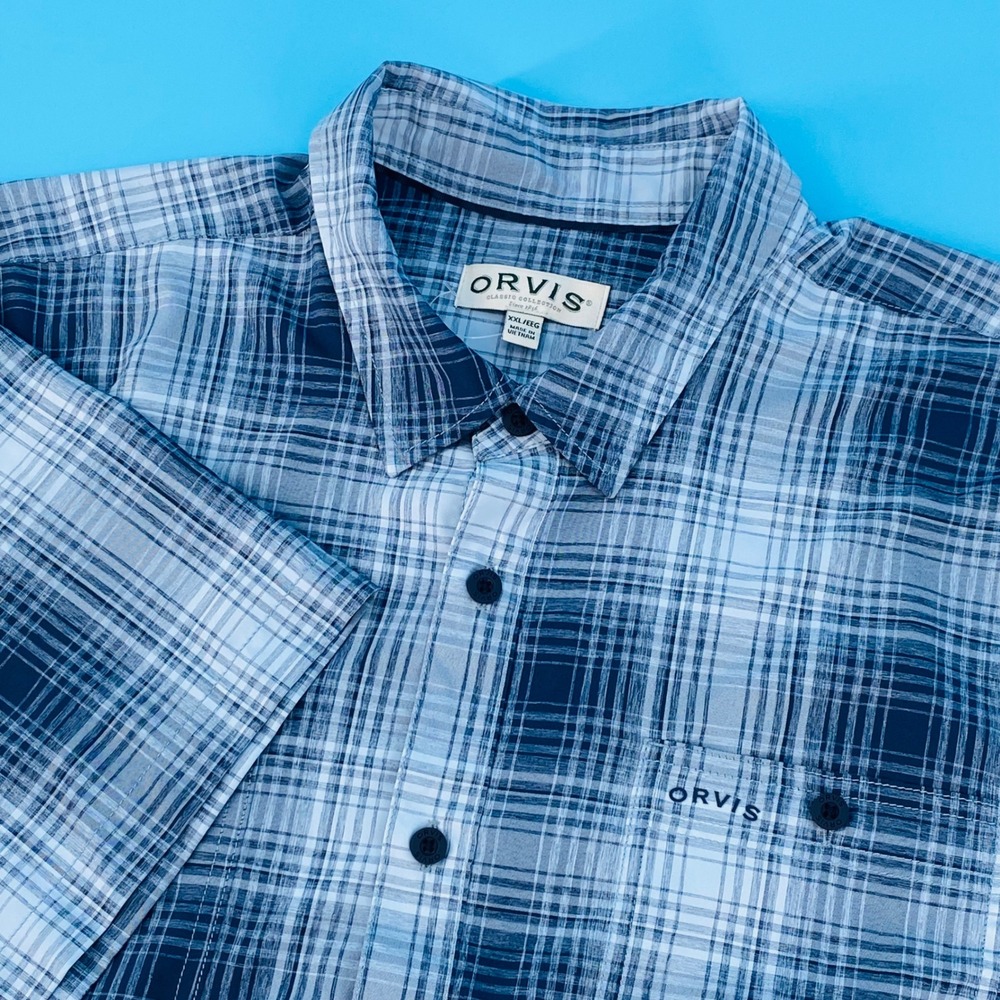 Orvis Mens XXL Blue Plaid Short Sleeve Button Down Shirt Performance Hiking